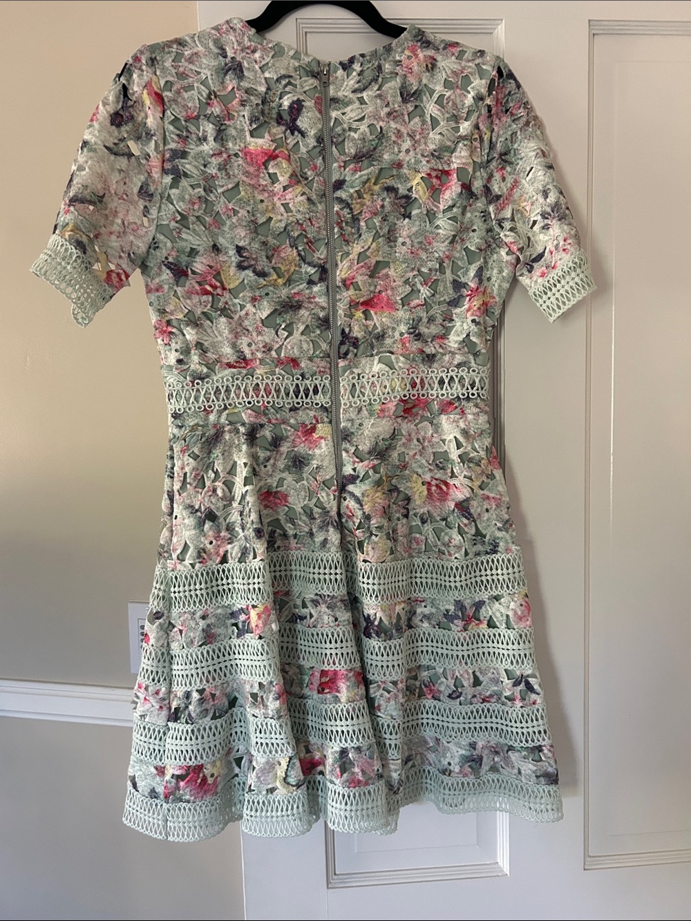 Just Me Mint Floral Lace-Trim Mini Dress with Pink & Green Accents NWOT - Picture 3 of 4